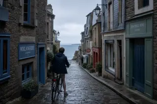 cyclist from behind on damp cobblestone street in Dinard under soft overcast morning light, old shopfronts and wet granite walls evoking a quiet moment before exploration
