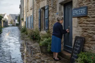 A rain-wet cobbled street in Châteauneuf-d’Ille-et-Vilaine, an older local woman unlocking a village store, granite houses with blue shutters, soft Breton morning light