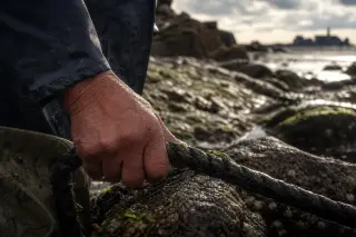 Close-up of a fisherman's hand on a wet rope with rocky tidal pools and morning light on the foreshore of Saint-Malo during the spring tides.
