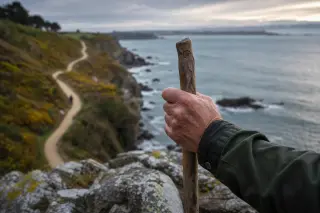 Weathered hand of a hiker holding a wooden stick on lichen-covered granite with the GR34 trail blurred in the background along the Emerald Coast.
