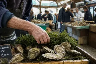 Hand of an older oyster farmer arranging fresh shellfish at a wooden stall in Cancale's market, with blurred chefs and visitors in the background under soft natural light.